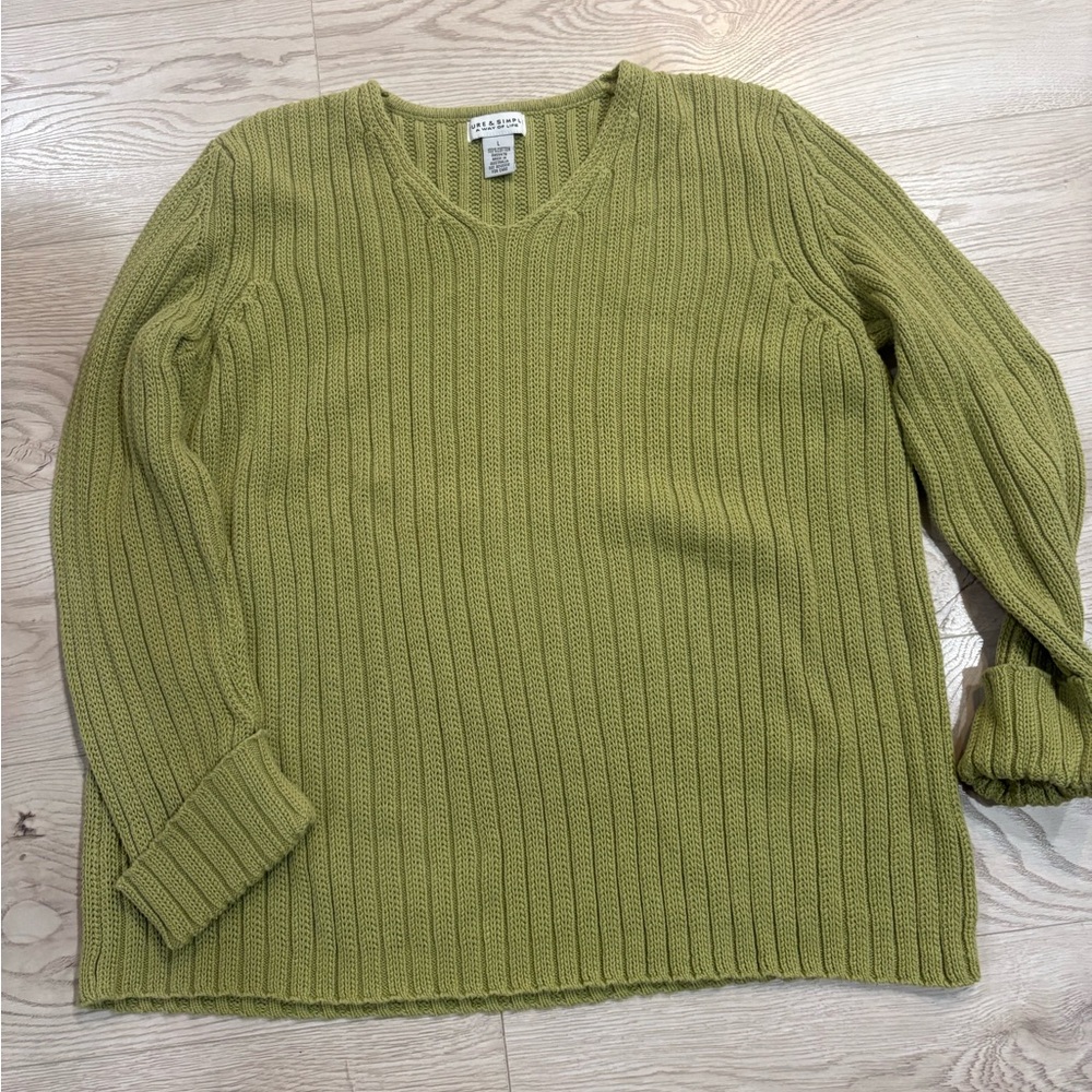 PURE & SIMPLE A Way Of Life Size L, 100%cotton sage green cable knit sweater EUC